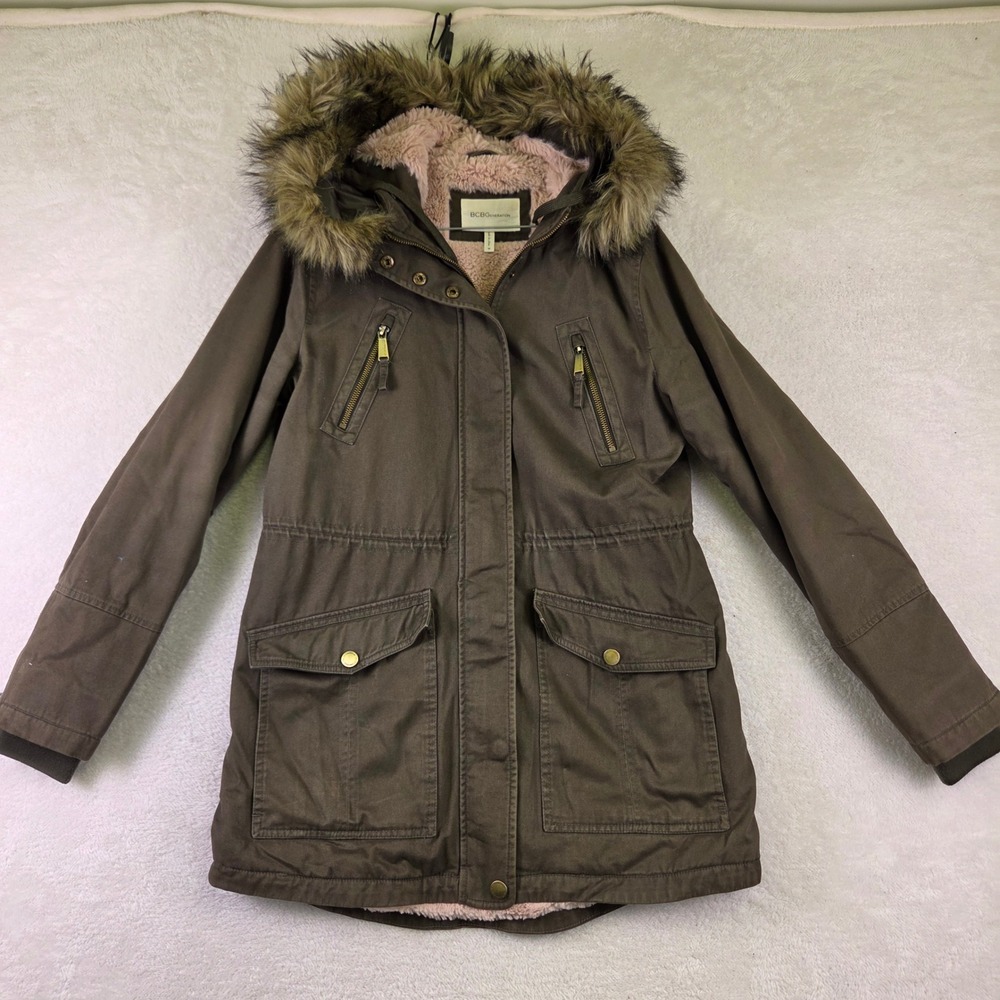 BCBGeneration Olive Green Parka Jacket Pink Faux Fur Lining Hooded Womens Medium